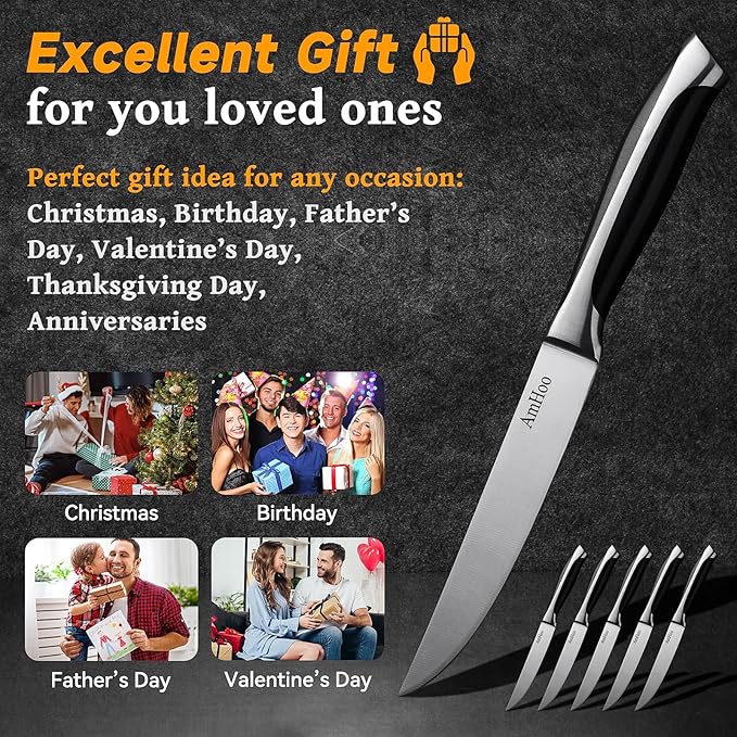 AmHoo Steak Knives Set of 6 Non Serrated 5-inch High Carbon Stainless Steel Ultra Sharp ABS Handle
