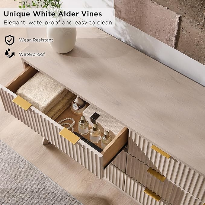 T4TREAM Fluted 6 Drawers Dresser, 54" Wide Modern Chest of Drawers, Curved Profile Design, Dresser TV Stand, Wood Drawer Organizer for Bedroom, Living Room, Hallway, White Alder