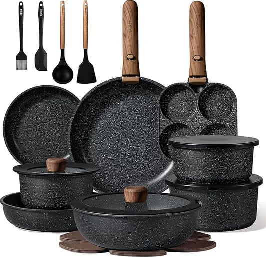CAROTE Pots and Pans Set Non Stick, Cookware Sets, Kitchen Set, Oven/Dishwasher/Fridge Safe, Space Saving Pots Set, Nonstick Set with Versatile Detachable Handle, Induction RV Set, Black