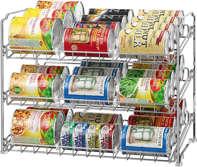 Simple Houseware Stackable Can Organizer Rack for Pantry/Cabinet – 11.5" D x 17" W x 13.75" H, Holds 36 Cans, 3-Tier Can Food Storage Dispenser, Chrome