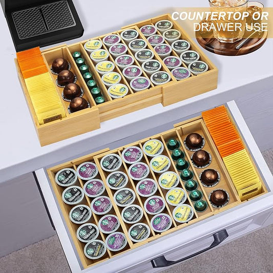 MinBoo Bamboo K Cup Holder for Drawer or Countertop Coffee Pod Holder Expandable K Cup Pod Storage Tea bag organizer K Cup Storage for Coffee Station Home Office and Kitchen