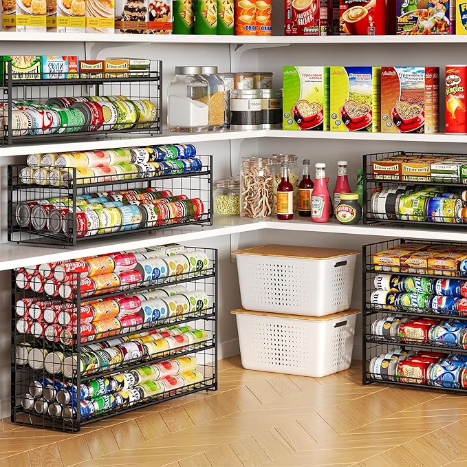 2-Tier Stackable Can Organizer for Pantry, Adjustable Extra-Long Can Rack for Pantry Shelf Organizer and Storage, Sturdy Standing Can Holder for Canned Soup Food Goods Storage up to 64 Cans, Black