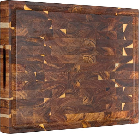 AZRHOM Large Thick End Grain Acacia Wood Butcher Block 17x13x1.5 in Wood Cutting Board for Kitchen with Non-slip Mats Juice Groove & Handles (Gift Box)