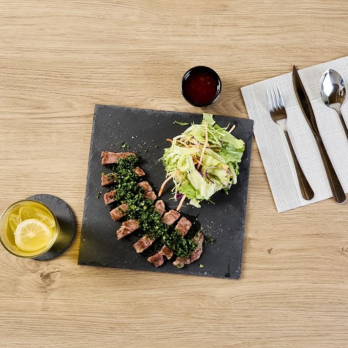 Restaurantware Slate Serving Trays 4 Pack of 10 x 10" Foam Feet Charcuterie Stone Plates Rustic Edges Freezable Black Square Serving Display Cheese Boards for Kitchen, Gourmet, Dining, Parties