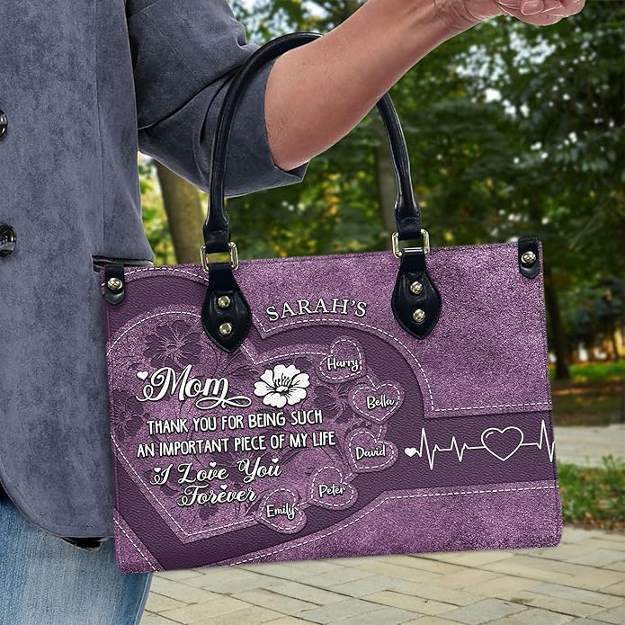 THUYPT Personalized Birth Flower Leather Bag for Mom, Women Faux Leather Handbags with Ziplock, Mother's Day Gifts