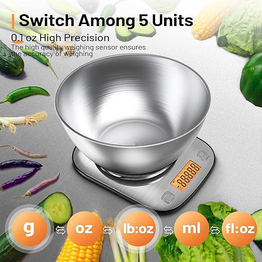 Food Kitchen Scale Digital Weight Grams and Oz with IPX6 Waterproof,Professional Stainless Steel Digital Kitchen Food Scale 11lb/0.01oz with Bowl for Weight Loss Dieting Baking Cooking
