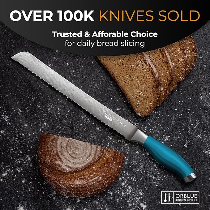 Orblue Serrated Bread Knife with 10-inch Upgraded Stainless Steel Razor Sharp Wavy Edge Width - Bread Cutter Ideal for Slicing Homemade Bagels and Cake, Blue