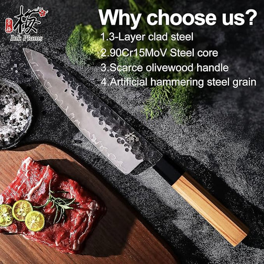 8 Inch Professional Kitchen Knife,High Carbon Steel Ultra Sharp Chef's Knife with Olivewood Handle & Gift Box