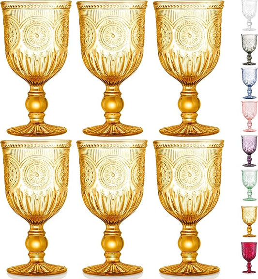 Yungala Amber Wine Glasses, set of 6 Glass Goblets made with Amber Glass (not coated or sprayed). Genuine Handcrafted Colored Glassware for your Fall Tablescape.