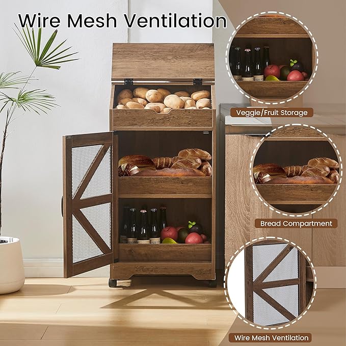 Potato and Onion Storage Bin, Wood Bread Box with Lid, Movable Fruit and Vegetable Organizer for Pantry, Kitchen