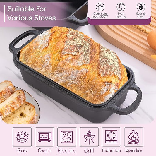 Cast Iron Loaf Pan with Lid 9x5 Inch, 2 in 1 Loaf Pans for Baking Bread, Even Heat Distribution for Sourdough, Homemade Bread