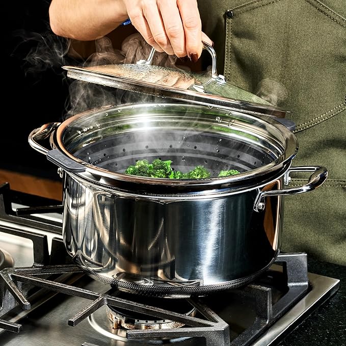 HexClad 2-Piece Steamer Basket Set for Steaming and Draining, Fits HexClad's 3 and 8Qt Pots, Dishwasher-Safe, Space-Saving Design, Heat-Safe to 425ºF, Non-Slip Handles, Silicone and Stainless Steel