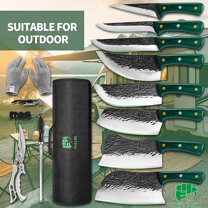 FULLHI Butcher Knife Set with Kitchen Shears, Hand Forged Chef Boning Knife With Scissors High Carbon Steel For Kitchen, Camping, BBQ