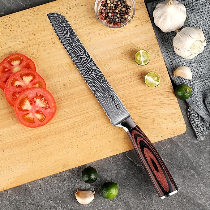 Seido Knives Master 8 Inch Serrated Bread Knife – High Carbon Stainless Steel Blade with Damascus Pattern Scalloped Serrations Full Tang & Ergonomic Pakkawood Handle