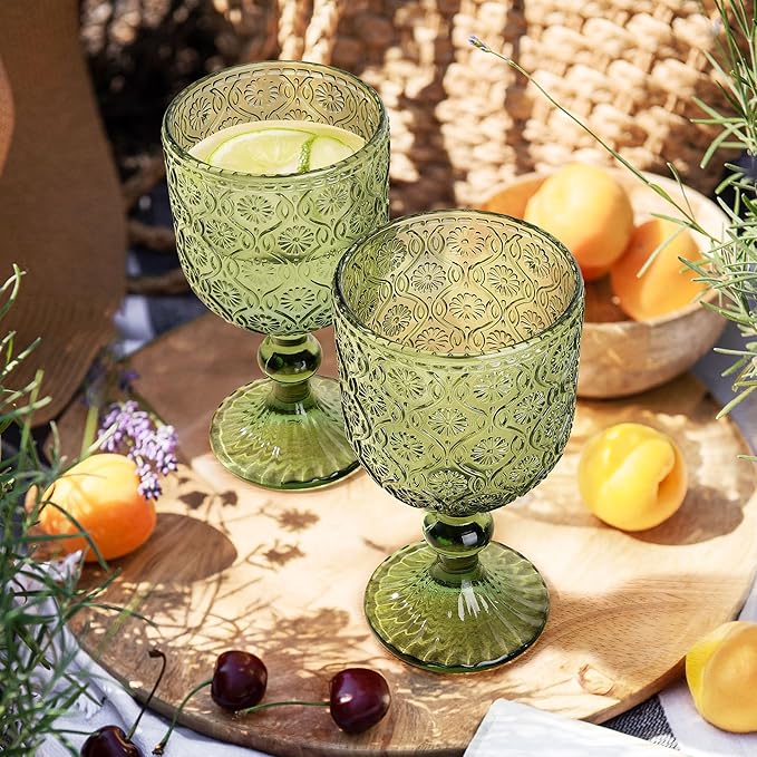 Joeyan Vintage Glass Wine Goblet,Embossed Floral Stemmed Wine Glasses,Colored Drinking Cups,Heavy-Duty Glassware for Wedding Party Bar,Multicolor,12 oz,Set of 4,Dishwasher Safe