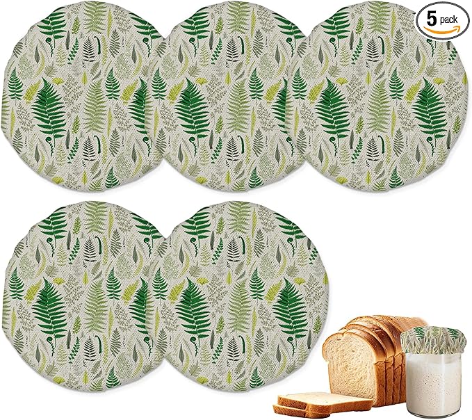 Vintage Green Leaves And Branches Sourdough Jar Cover Reusable Cloth Lid for Sour Dough Starter Jar,5 Pack Bread Fermentation Container Tops Elastic Fabric Caps