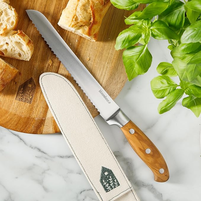 Bloomhouse 8 Inch German Steel Bread Knife W/Italian Olive Wood Forged Handle