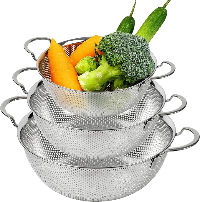 Premium 18/8 304 Stainless Steel Strainer Set of 3 with Handles, Micro-Perforated Colanders, 4-6-8 Quart Set, Self-Draining Solid Base for Pasta, Fruits, Vegetables, Made in Korea
