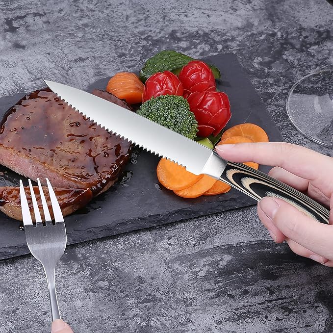 Serrated Steak Knives Set of 8, Stainless Steel Steak Knife Set with Pakkawood Handle, Fine Sharp Edge Dinner Knife with Gift Box, Steak Cutlery Set for Home Party