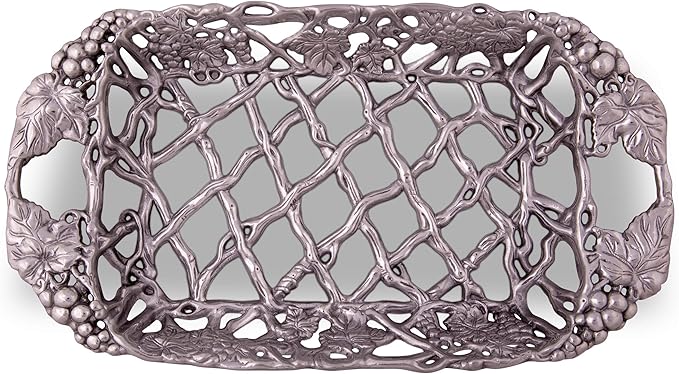Arthur Court Metal Pyrex Glass Casserole Dish Holder Grape Pattern Sand Casted in Aluminum with Artisan Quality Hand Polished Design Tarnish-Free 21 inch Long 3 Quart Removable Glass Dish Included