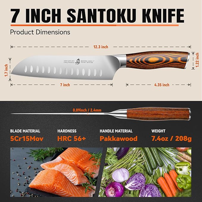 TUO Santoku Knife, 7 inch Japanese Chef Knife for Vegetable Chopping & Meat Dicing, High Carbon German Steel, Ergonomic Handle - Fiery Phoenix Series