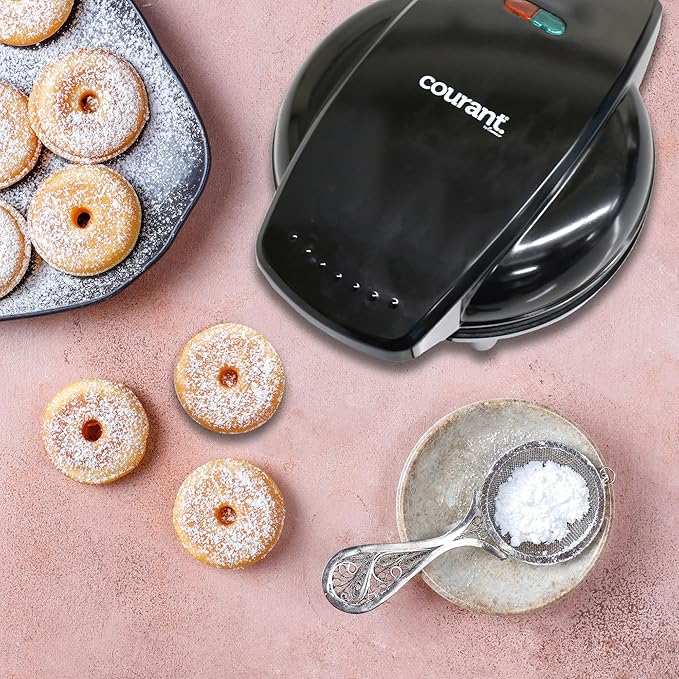 Courant Mini Donut Maker Machine for Holiday, Kid-Friendly, Breakfast or Snack, Desserts & More with Non-stick Surface, Makes 7 Doughnuts, Red