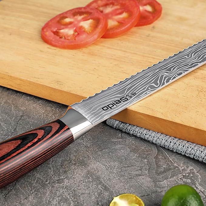 Seido Knives Master 8 Inch Serrated Bread Knife – High Carbon Stainless Steel Blade with Damascus Pattern Scalloped Serrations Full Tang & Ergonomic Pakkawood Handle