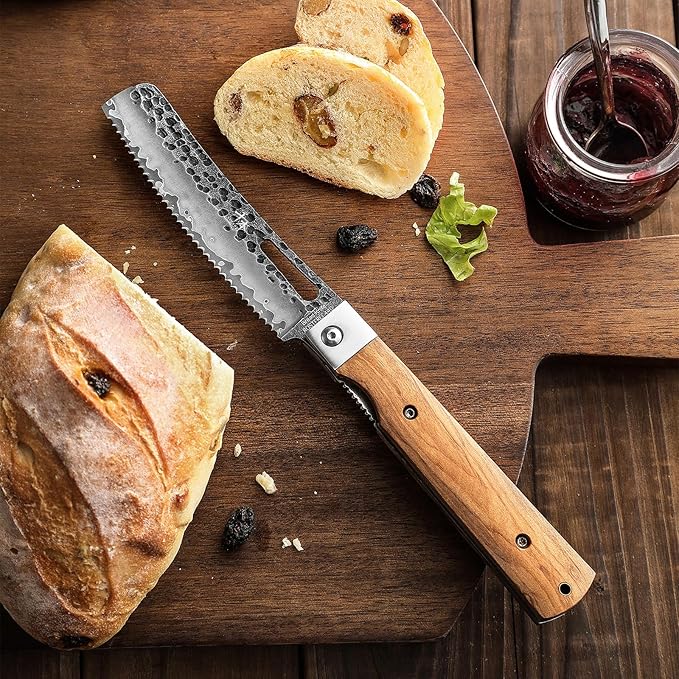 SENBON Forged 440A Stainless Steel pocket folding Bread knife Natural Olive Handle Camping trip Outdoor Portable Serrated knife