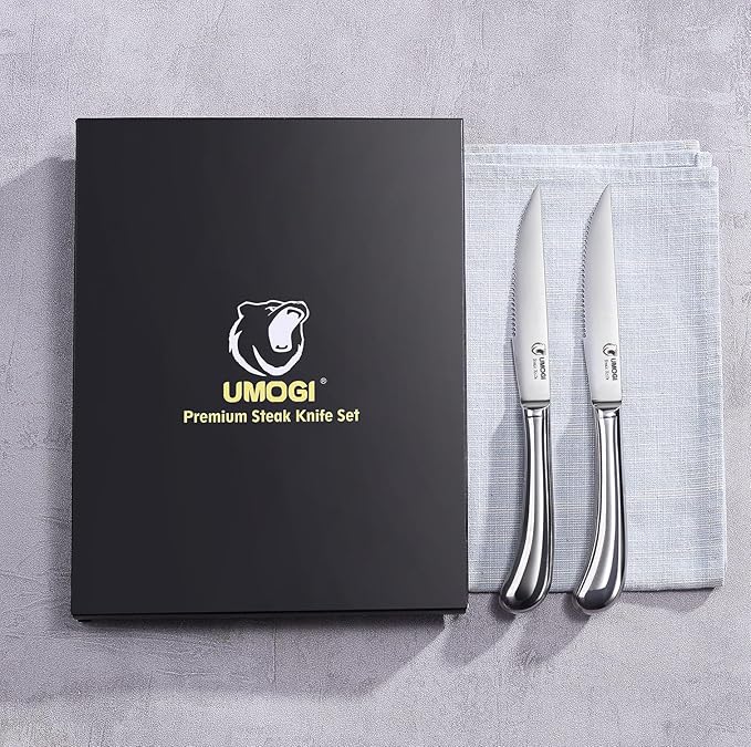 Steak Knives Set of 6 - High Carbon Stainless Steel, Dishwasher Safe - Polished Shiny Blade & Handle, Serrated Edge - Kitchen Table Knife Set, 4.5’’ Dinner Knife Non Straight