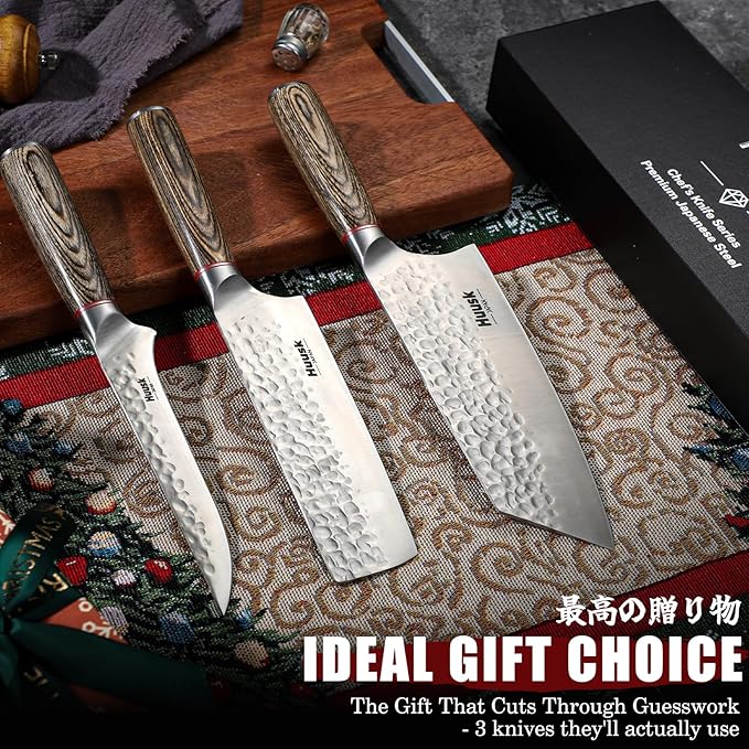 Huusk Kitchen Knife Set 3pcs - Japanese Nakiri Vegetable Knife, Meat Cleaver Boning Knife for Meat Cutting, Hand Forged Butcher Chef Knives Set for Kitchen Home Cooking, Father's Day Gifts for Men