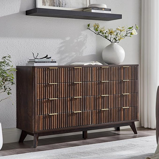T4TREAM Fluted 8 Drawers Dresser, 54" Wide Modern Chest of Drawers, Curved Profile Design, Dresser TV Stand, Wood Drawer Organizer for Bedroom, Living Room, Hallway, Dark Walnut