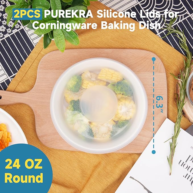 Silicone Lids for CorningWare 24-Ounce Round Dish, 2 Pack Reusable Covers for CorningWare Baking Dish (Dish not Included) Dishwasher & Microwave & Freezer Safe