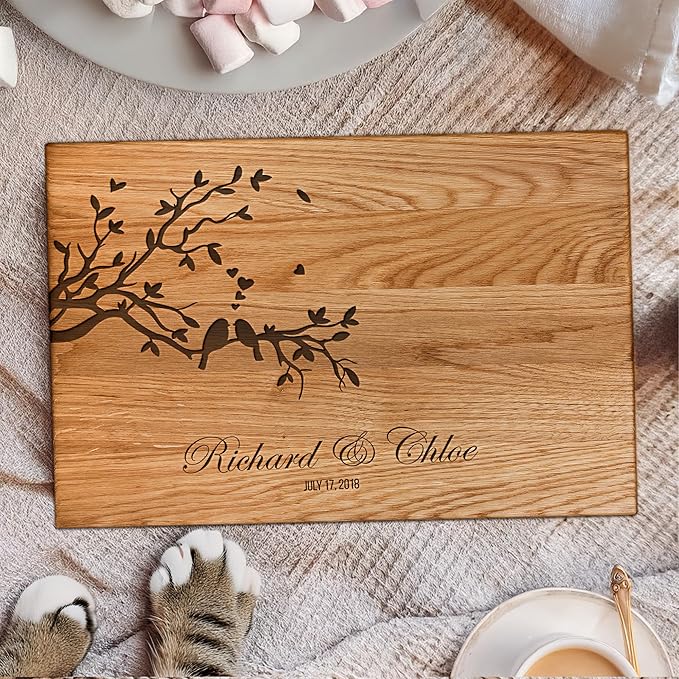 Personalized Oak Wood Cutting Board – Custom Lovebirds Engraving with Couple's Names – 8x12 Inches – Gift for Wedding, Anniversary, Christmas, Housewarming – Great for Parents and Friends