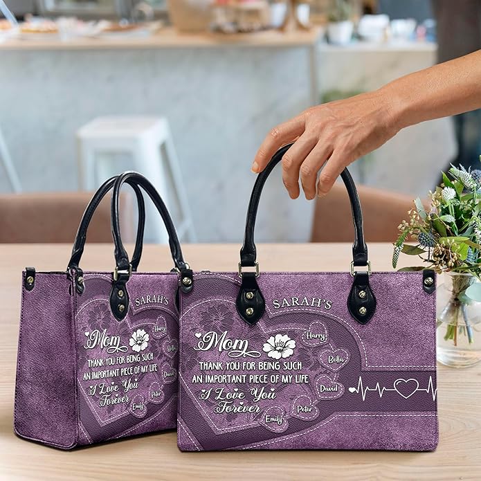 THUYPT Personalized Birth Flower Leather Bag for Mom, Women Faux Leather Handbags with Ziplock, Mother's Day Gifts