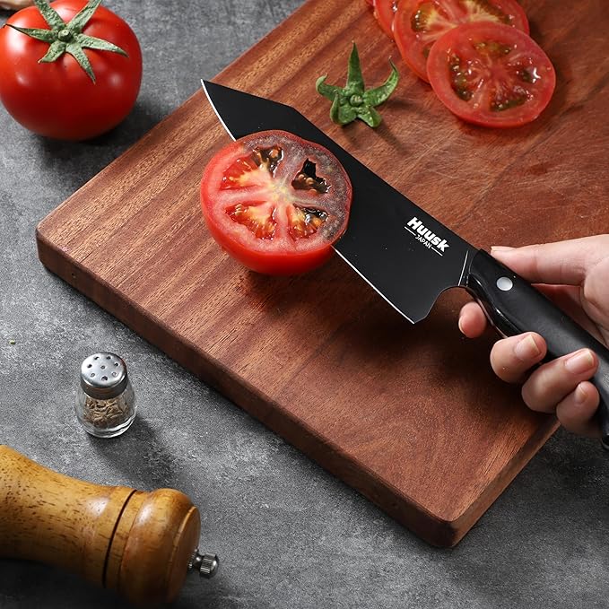 Huusk Japanese Chef Knife for Kitchen - 7in Kirisuke Knife with Black Titanium Coating, Stainless Kitchen Cooking Knifes for Vegetable & Meat Cutting, Ultra Sharp Sushi Knives, Fathers' Day Gifts