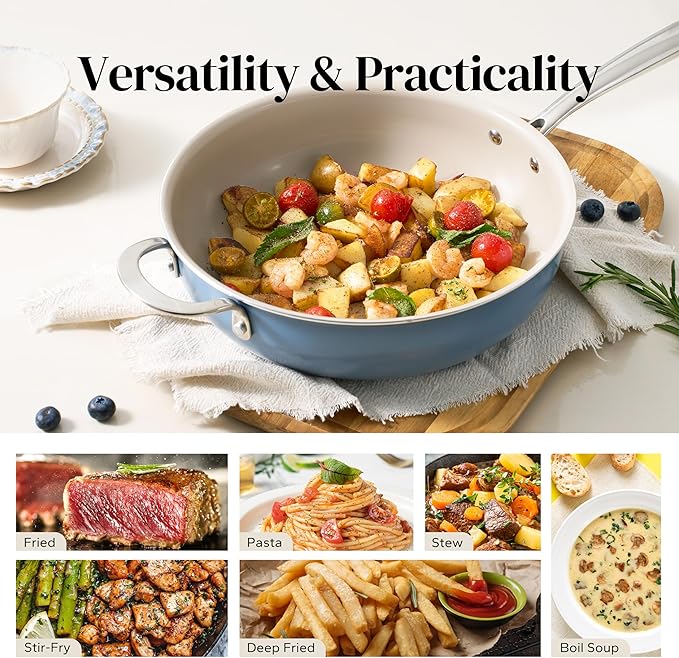 Redchef Ceramic Saute Pan with Lid, Nonstick Deep Frying Pan, 5QT Jumbo Cooker with Helper Handle & Lid, Non Toxic Ceramic Cooking Pan, Chef Pan, Dishwasher & Oven Safe, PFAS PFOA & PTFE Free(Blue)