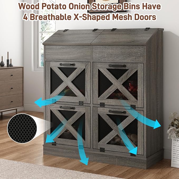 Large Wood Veggie Bin for Potato,Bread,Onion With 6 Large Storage Space. Root Vegetable Storage Box For Kitchen, Farmhouse Wood Potato Box With 4 Mesh Doors,32 * 12.4 * 36IN(Grey)