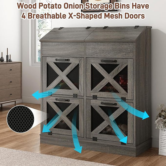 Large Wood Veggie Bin for Potato,Bread,Onion With 6 Large Storage Space. Root Vegetable Storage Box For Kitchen, Farmhouse Wood Potato Box With 4 Mesh Doors,32 * 12.4 * 36IN(Grey)