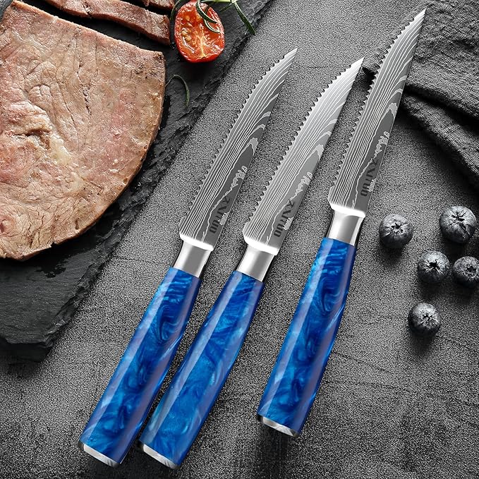 Serrated Steak Knife Set - 6pcs Premium 4.5 inch Kitchen Cutting Steak Knives, German Stainless Steel KnifeTable Dinner Knife with Blue Resin Handle for Home Restaurant, Gift Box