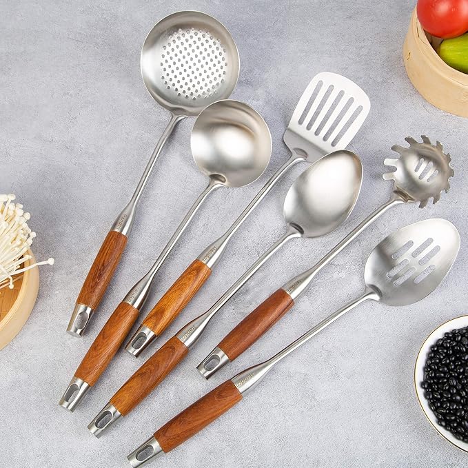 18/10 Stainless Steel Kitchen Utensils Set with Wood Handle - 15” Long Metal Cooking Tools - Serving Solid/Slotted Spoon, Tunner, Skimmer, Soup Ladle, Spaghetti Spoon, Large Spoons Set of 6