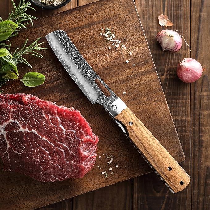SENBON Forged 440A Super Sharp Pocket Folding Chef Knife Peeling Practical Knife Fruit Knife Natural Olive Handle Camping Barbecue Outdoor Portable Kitchen Knife