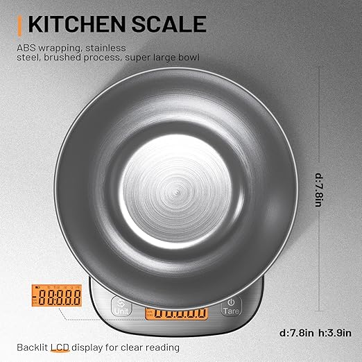 Food Kitchen Scale Digital Weight Grams and Oz with IPX6 Waterproof,Professional Stainless Steel Digital Kitchen Food Scale 11lb/0.01oz with Bowl for Weight Loss Dieting Baking Cooking