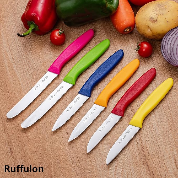 Vegetable and fruit knife set of six, high carbon stainless steel paring knife with ergonomic PP plastic handle, sharp, super sharp kitchen knife set.