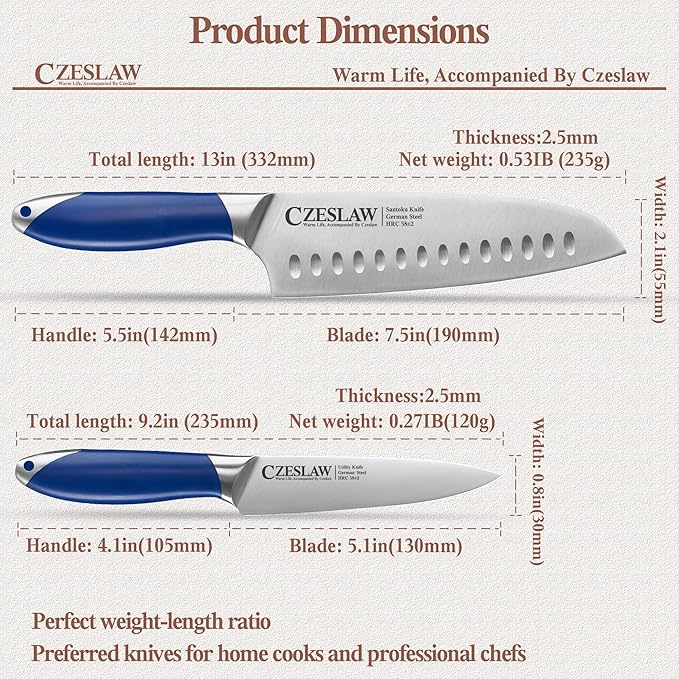 Santoku Knife 2pcs, Japanese 7" Chef Knife & 5" Vegetable Knife, Forged High Carbon German Steel, Full Tang & Razor Sharp, Ergonomic Prussia Blue Handle Design, cooking gifts cooks