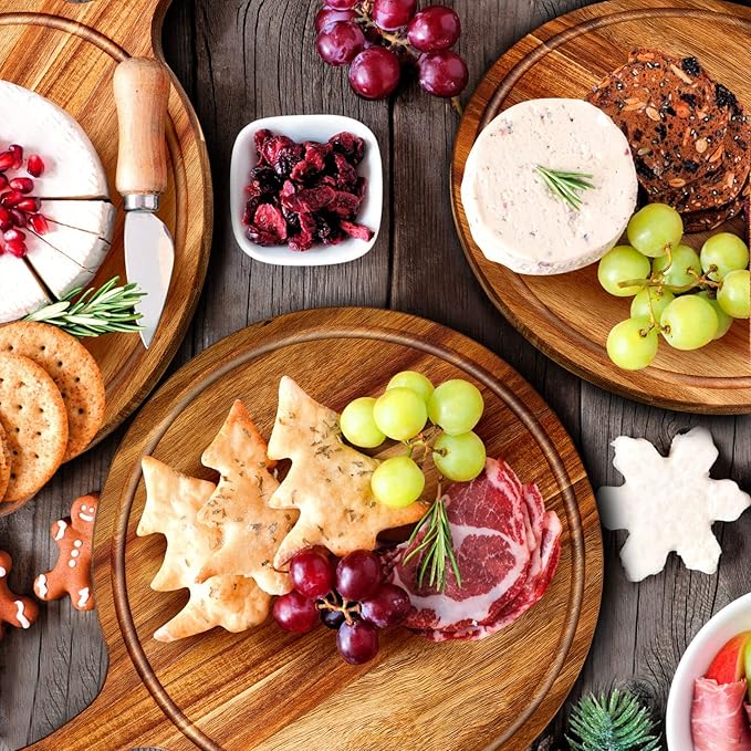 Nuenen 30 Pcs Round Wood Cutting Board with Handle Acacia Bamboo Wooden Serving Kitchen Chopping Boards for Pizza, Bread, Cheese, Charcuterie, Fruit, Vegetables (Acacia)