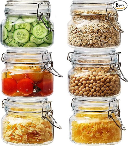 17oz - 6 Pack Square Glass Jars with Airtight Lid, Wide Mouth Mason Jars with Clamp Lids, Air Tight Glass Canisters, Best Food Storage Containers for Cereal, Pasta, Rice, Sugar, Coffee, Spice