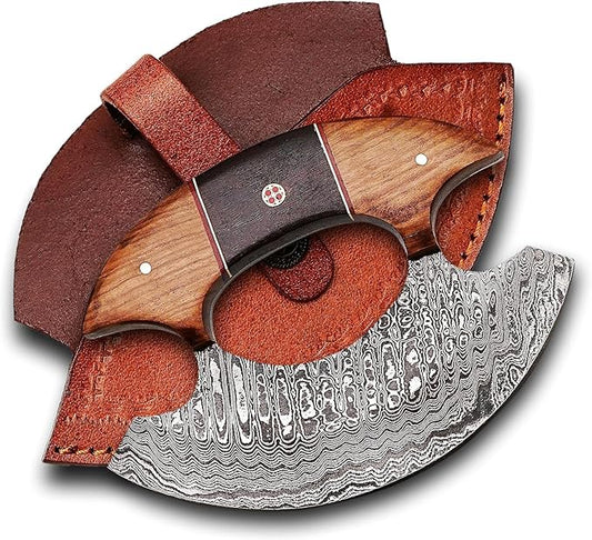 RC Knives Damascus Ulu Knife with Leather Sheath – Full Tang Handmade Alaskan ulu knives - Wooden Handle, Pizza Cutter & Salad Chopper, Meat and Herbs, Great for Outdoor Cooking and Gifts for Men