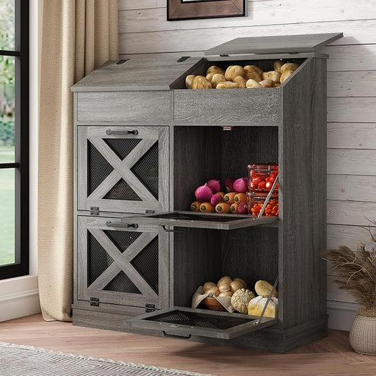 Large Wood Veggie Bin for Potato,Bread,Onion With 6 Large Storage Space. Root Vegetable Storage Box For Kitchen, Farmhouse Wood Potato Box With 4 Mesh Doors,32 * 12.4 * 36IN(Grey)