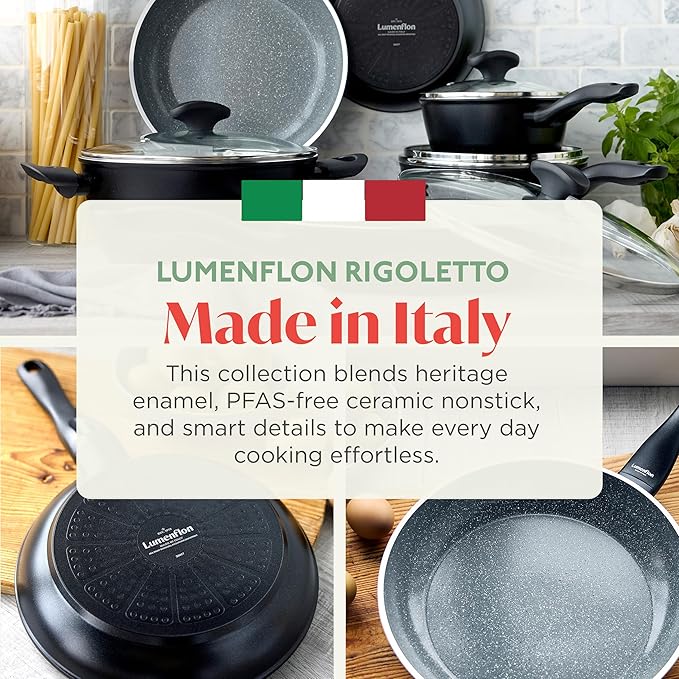 Rigoletto 10 Piece Cookware Pots & Pans Set, Made in Italy, Layered Ceramic PFAS-Free Surface, Induction, Dishwasher & Metal Utensil Safe, Granite Finish, Stay-Cool Handle, Black