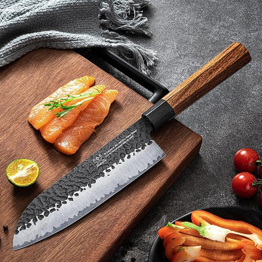 Santoku Knife 7 inch, Hand Forged 5 Layers 9CR18MOV High Carbon Steel Professional Kitchen Knife, Ultra Sharp Rosewood Handle Japanese Sushi Knife As a Thoughtful Birthday Gifts for Mom/Dad